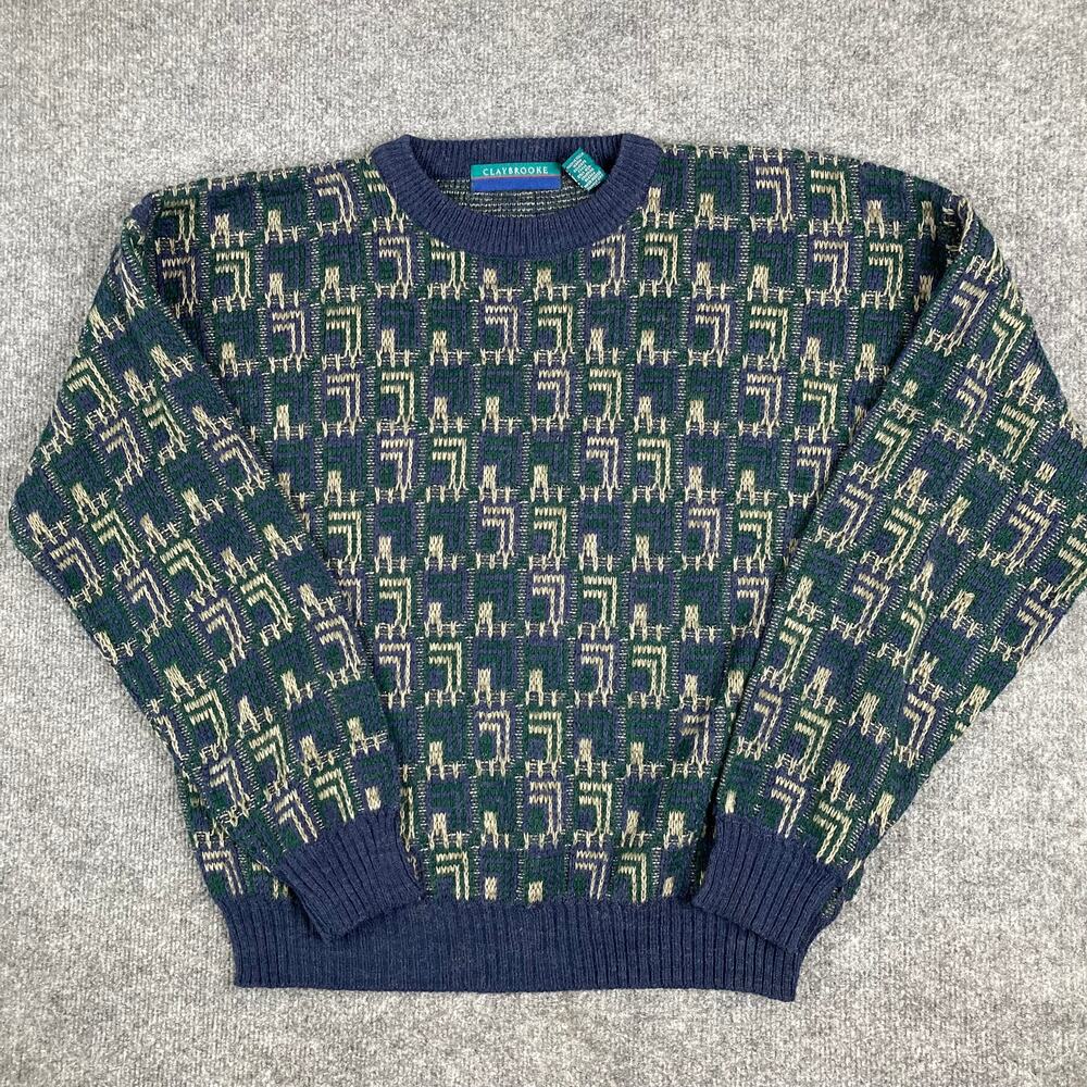 Claybrooke Sweater Mens Size L Navy Green Vintage Wool‎ Blend Pattern Knit